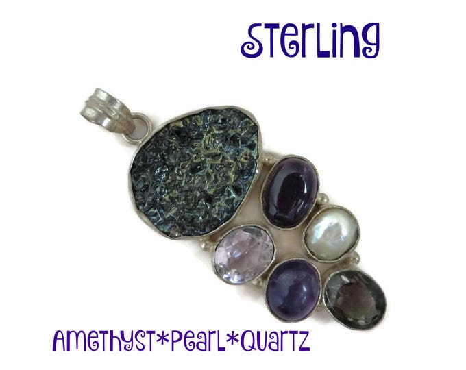 Sterling Silver Pendant, Gemstone Pendant, Vintage Quartz, Amethyst, Pearl Pendant, Unique Gift for Her, Gift Box