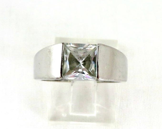 Vintage Sterling Silver Topaz Ring, Modernist Princess Cut Topaz, Size 7