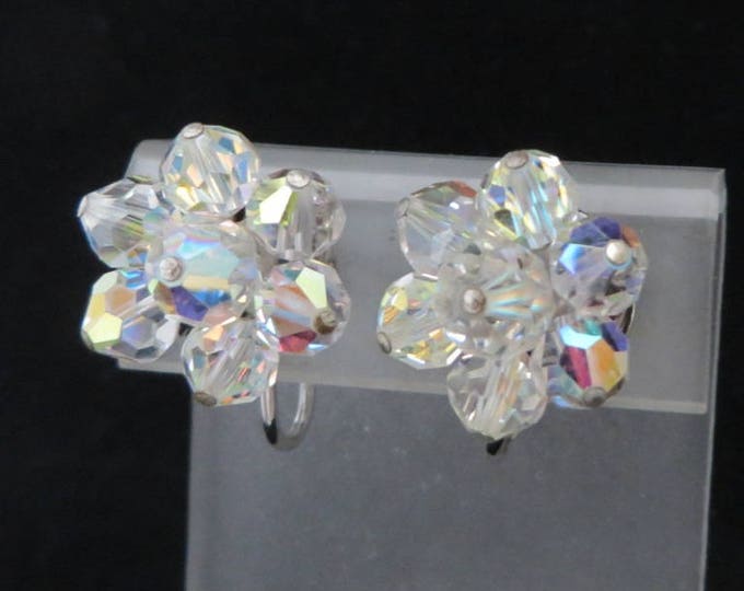 Vintage Crystal Flower Earrings | Silver Tone Cluster Clip-on Earrings