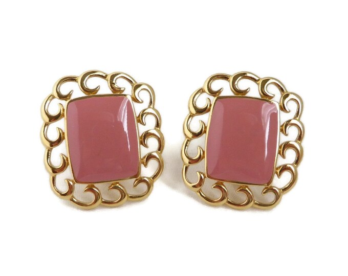 Monet Pink Gold Tone Earrings, Vintage 1970s Dusty Rose Clip-on Earrings