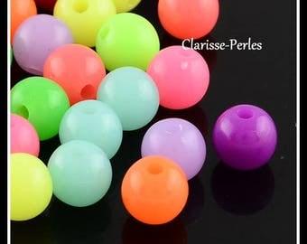100 perles rondes acryliques fluorescents multicolores 8mm trou 1,5mm, Lot Grossiste