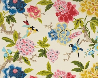 Waverly Candid Moment Gardenia Indoor/Outdoor Fabric, Pink Yellow Blue Floral Upholstery Fabric, Birds and Peony Outdoor Fabric by the yard