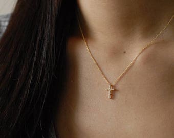 Gold Tiny CZ Cross Necklace - Gold plated over Sterling Silver
