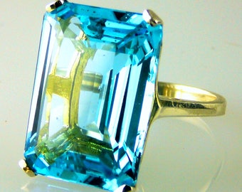 Stunning Very Large Emerald Cut Blue Topaz Ring 10k Yellow Gold 28.01 Carats