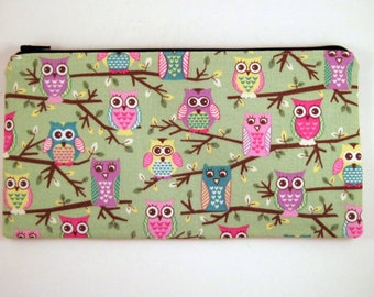Green Owl Zipper Pouch, Pencil Pouch, Make Up Bag, Gadget Bag