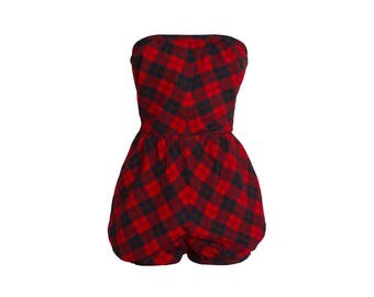 1950s Vintage NOS Red and Dark Green Plaid Wool One Piece Maillot, Mid-Century Deadstock 50s Strapless Halter Swimsuit by Brigance XX-Small