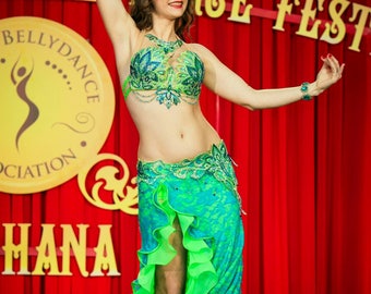 Belly dance costume. Sale!!! Turquoise-lime green professional belly dance costume, oriental dance costume