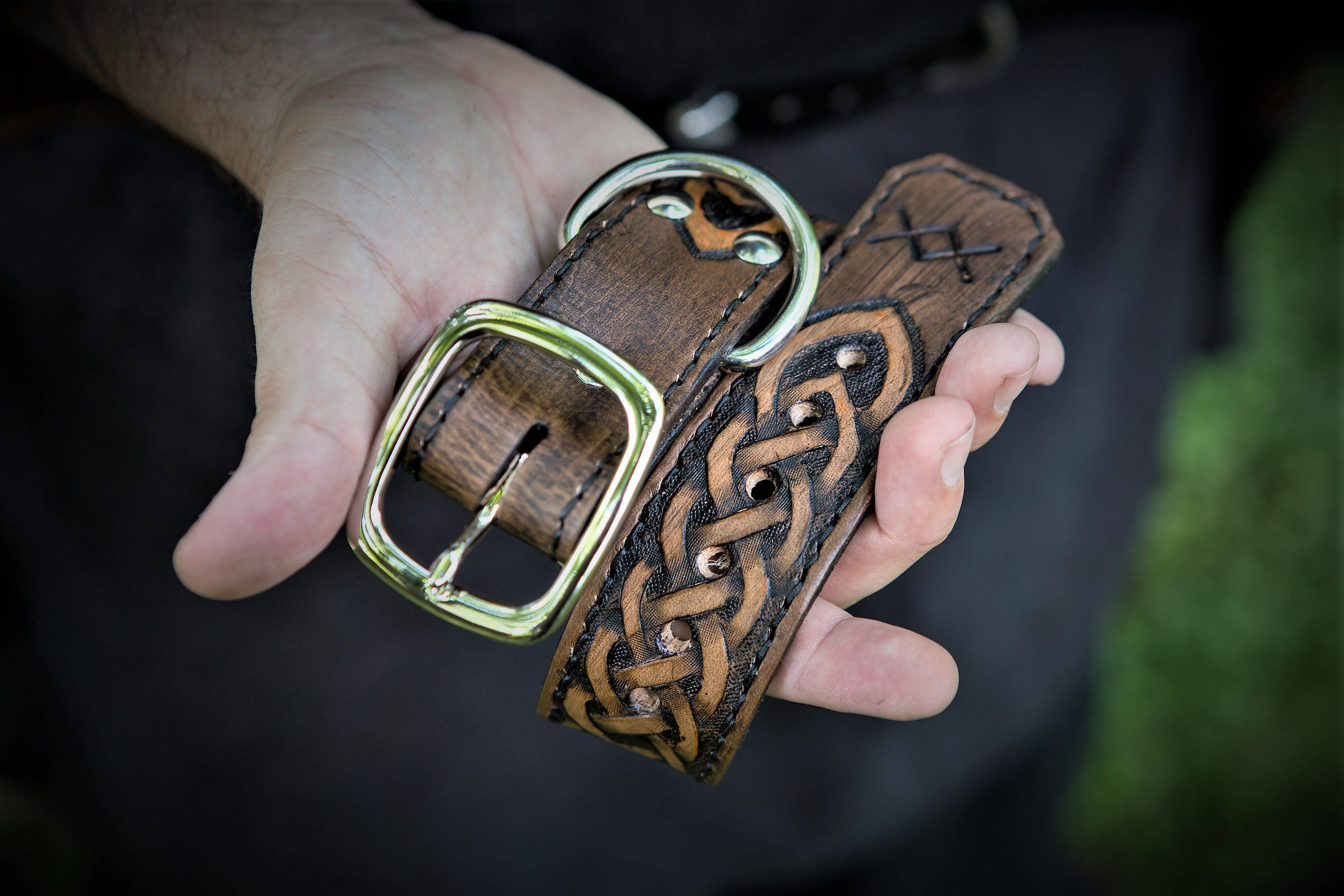 Custom Viking Themed Dog Collar with Tooled Knotwork Designs
