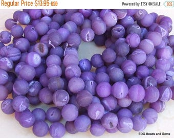 Dark Purple Agate Druzy Beads - Quartz Matte Finish Round Stone Beads - 14mm - 16 inch Strand