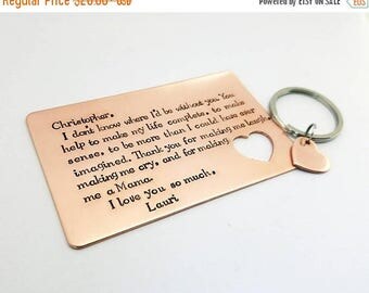 Copper wallet insert with monogrammed heart key chain, custom card, hand stamped wallet insert, copper wallet insert, copper love note
