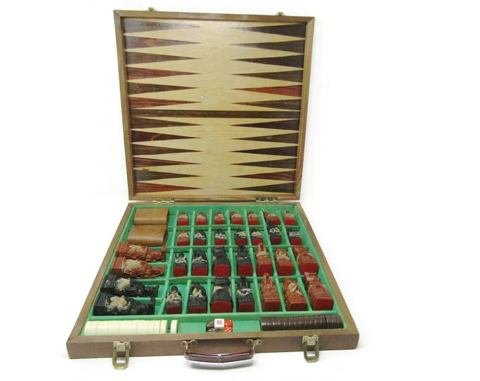 Vintage WWII Asian Chess Backgammon Set / Japanese Chessmen / Rare Chess Set Terracotta Army Chess Set