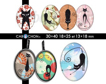 Chat Noir Japon • 45 Images Digitales OVALES 30x40 18x25 13x18 mm japan fleur eventail sakura washi cat cats chats origami geisha black