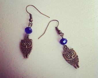 earrings for royal blue beads and bronze OWL earrings