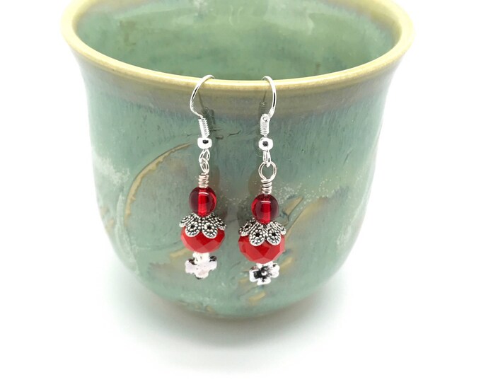 Red and silver coral earrings, red earrings, long silver and red earrings, trendy hobo red earrings, red bohemia earrings