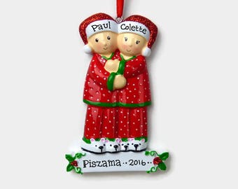 Pajama Party Couple Personalized Ornament - Matching Christmas Pajamas