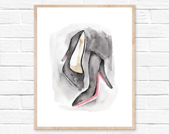 Watercolor Shoes Print, High Heel Fashion Print, Christian Louboutin Shoes, Watercolor Print, Fashion Wall Decor, Bedroom Bathroom Wall Art