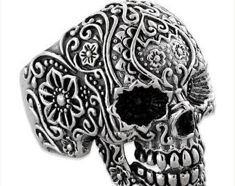 Summer CLEARANCE Sterling Silver 925 Biker Skull Ring Floral Design Made in USA