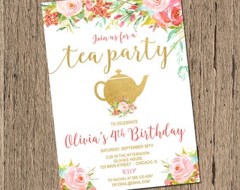 Tea Party birthday Invitation, Shabby Chic Birthday Invitation, First Birthday girl birthday invitation, watercolor flowers, printable