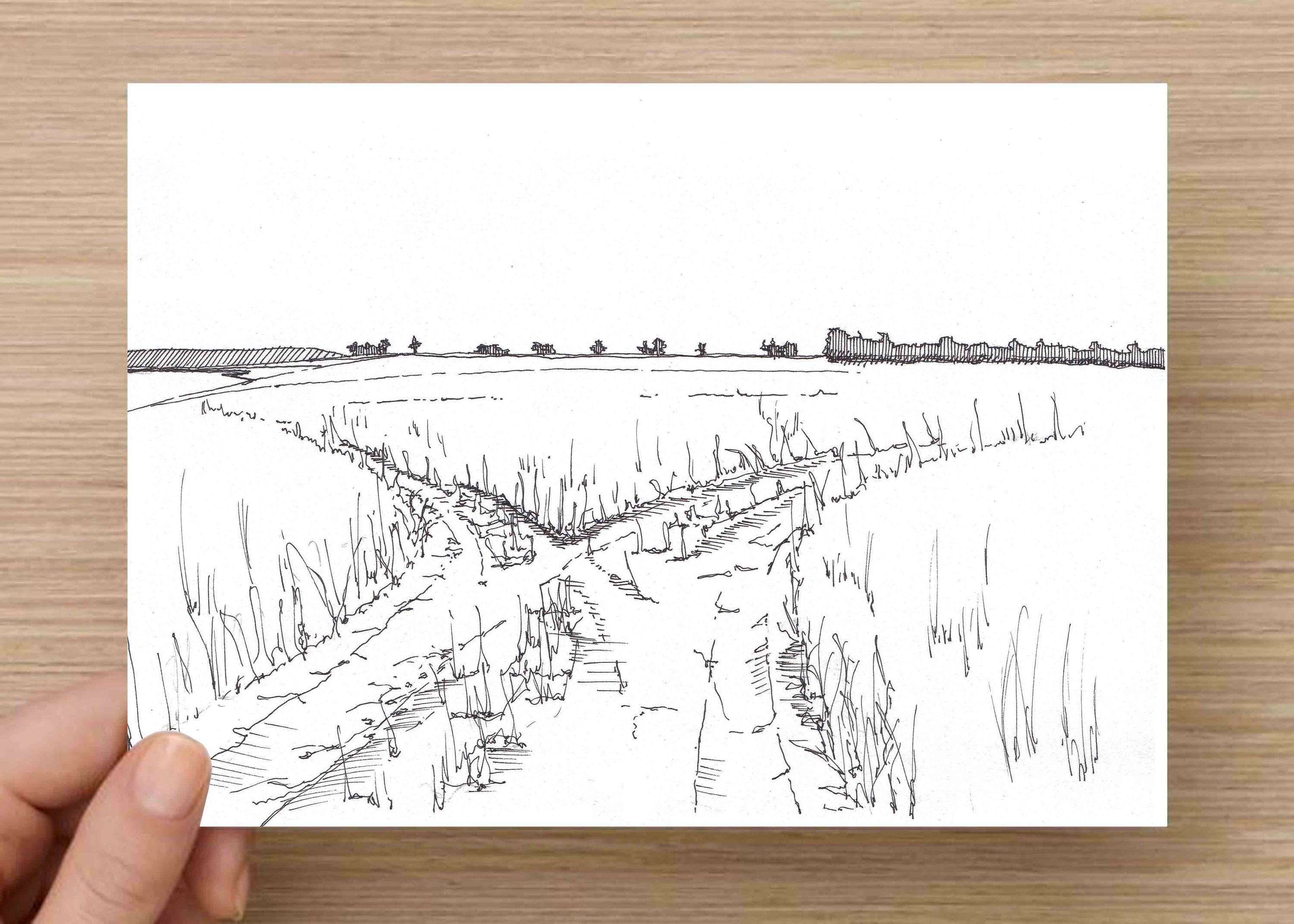 Ink Sketch of A Fork In A Dirt Road WYoming, Drawing, Landscape, Art