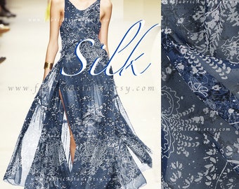 Steel blue silk chiffon fabric by the yard