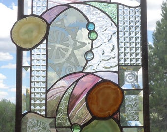 stained glass window panel"ALWAYS SUNNY" etching, agates,stained glass, stained glass suncatcher,contemporary glass,glass suncatcher