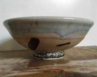 Vintage handmade pottery, ceramic hand painted footed dinner bowl, serving, soup