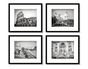 SALE, Rome Art, Italy Photography, Set of 4 Prints, Travel Decor, Black and White, Colosseum, Trevi Fountain. Rome Wall Art Print Set