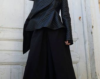 SALE Black Leather Jacket / Asymmetrical Short Coat / Sexy Zipper Jacket / Extravagant Pattern Cardigan / Black Asymmetric Coat by METAMORPH