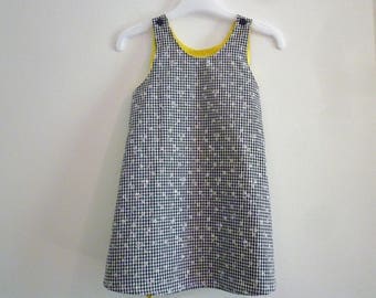 Pinafore dress black and white, cotton, checkered black and white flowers, yellow belt, size 2 years