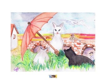Watercolor "3 cats under the Red umbrella"
