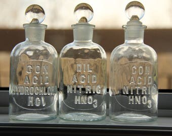 Vintage Embossed Glass Chemistry Apothecary Bottles w/Stoppers