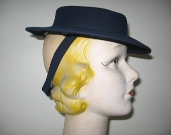 1930's Navy Blue Wool Felt Sailor Hat!