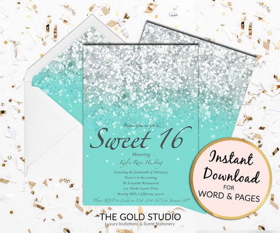 Printable Blue Teal Sweet 16 invitation Sweet sixteen Print at