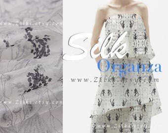 grey organza Silk Floral Printed wedding dress fabric by the YARD
