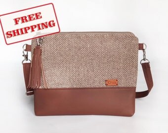 Sisters gift - Autumn - Purses - Faux - Leather crossbody bag - Gift for daughter - Bags - Christmas gift - Tweed - A5