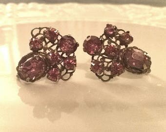 Vintage Czechoslov Pink Rhinestone Gold Tone Screw Back Earrings