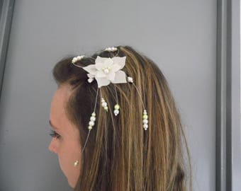 Hair clip bridal bridesmaid ivory silk flower bridal hair accessory green anise/ivory beads holiday evening ceremony