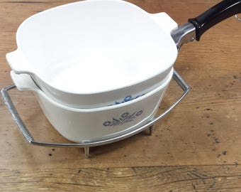 Two 2 1/2 Qt. Blue Cornflower Corning Ware Square Casserole Dishes/Pan with long hanging handle P 2, and Metal Stand