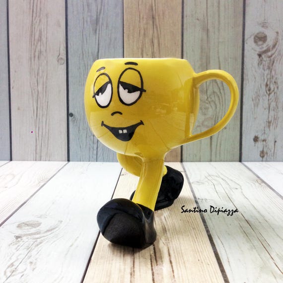 Emoji Coffee Mug Walking Pottery Yellow Smiley Face Tea Cup