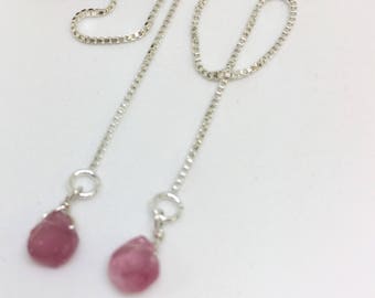 Tourmaline threader earrings, pink gemstone earrings, pretty jewellery, sterling silver threaders, 8th anniversary gift, October birthstone