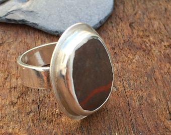 Sterling Silver Ring, Raw Stone Ring, Bezel Wrapped Beach Stone Pebble Ring, Nature Gift for Women, Rustic Bohemian