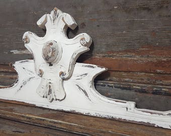 Hand CARVED WOOD PEDIMENT Antique French Shabby Coat Of Arms Crown Architectural Salvage Custom furniture Panelling Mount Cornice Crest 19th