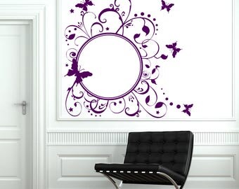Wall Art Mural Round Frame with Butterfly Pattern Floral Studio Decal (#2745dn)