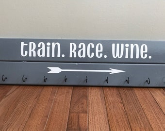 Running medal holder, Race medal display, Race medal holder, Running medal hanger. Wooden sign. Gift for runners. Ribbon holder.
