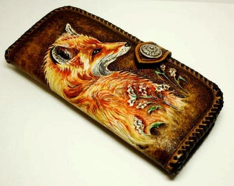 Handtooled woman's leather wallet, hand-carved woman's wallet, tooled leather purse with red fox, carved purse, fox wallet MADE-TO-ORDER