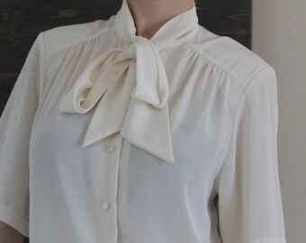 Blouse tie, vintage 80' ,blouse beige, Woman size, 12 US, collar knot scarf, Blouse woman, Large