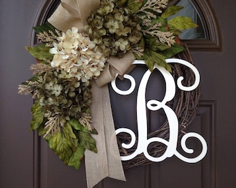 Everyday Wreath - Monogram Wreath - Year Round Wreath - All Season Hydrangea Wreath - Grapevine Wreath with Burlap Bow - Monogrammed Wreath