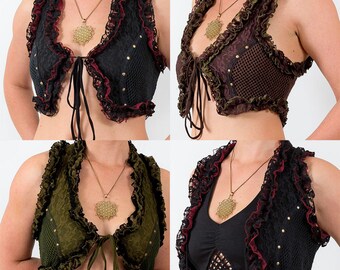 Festival vest, womens waistcoast, burning man bolero bra, lacy crop top coachella clothing pixie vest, lace vest bohemian boho gypsy LC14