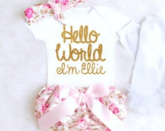 Floral Baby Girl Coming Home Outfit, HELLO WORLD Outfit Girl Going Home Outfit, Personalized Newborn Outfit Summer Baby Outfits 6