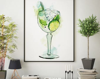 Gin cocktail watercolour painting illustration Home Bar pub retro nightclub interior design drinks wall art poster print ANY SIZE